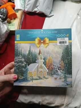 Thomas Kinkade Winter Church Puzzle - Blue, White, Green, Gold